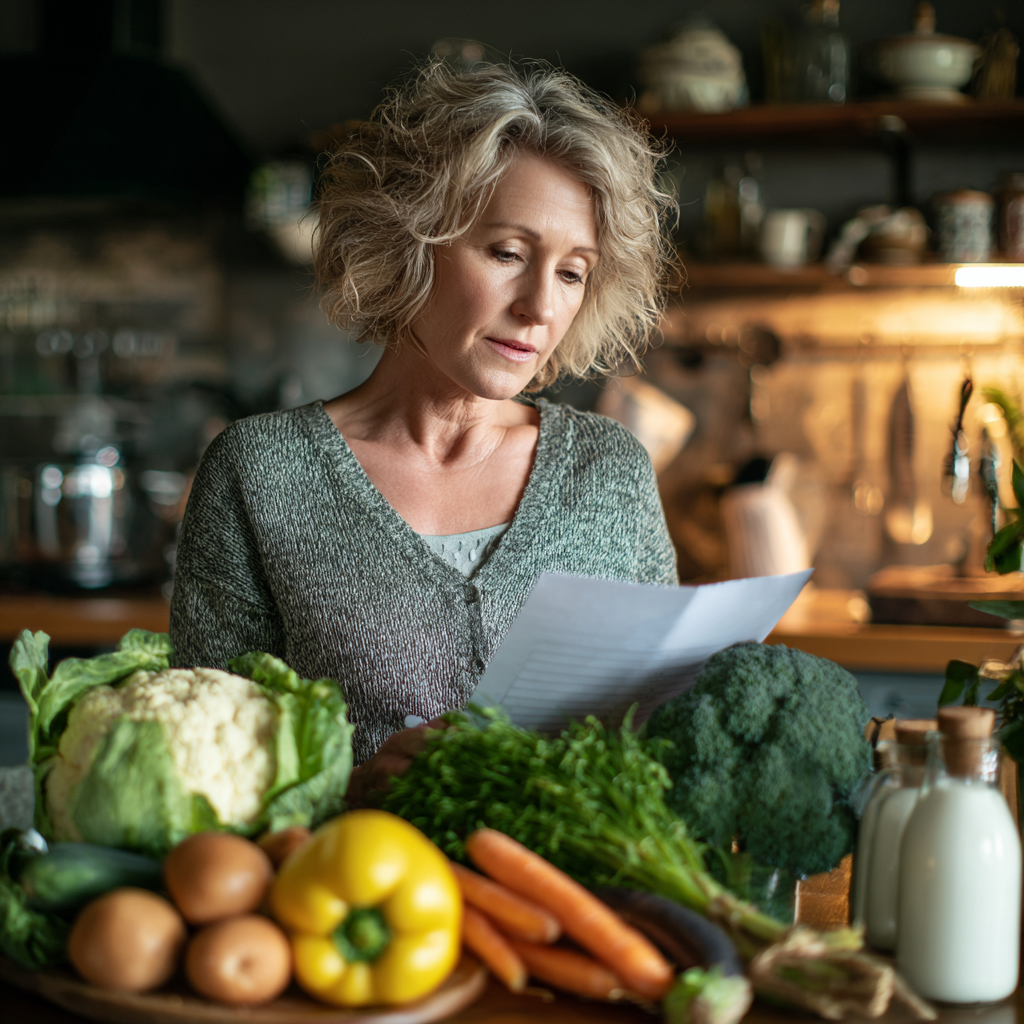 Middle-aged woman reviewing nutrition plan with fresh vegetables