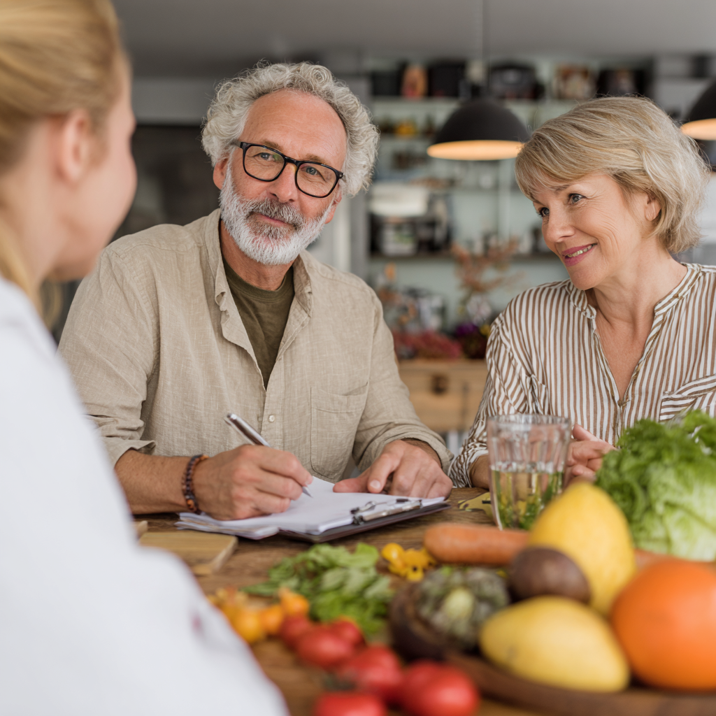 Senior nutrition specialist consulting with middle-aged clients about meal planning